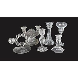 6 Curated Vintage Clear Candlestick Holders Single & Double